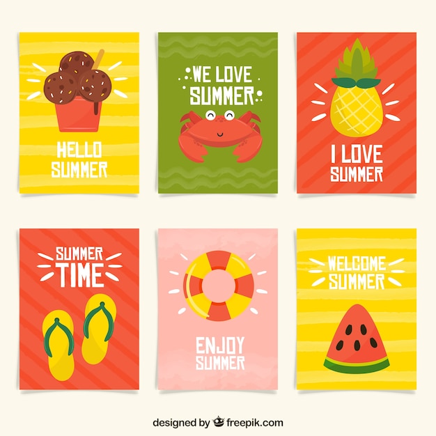 Free vector set of summer cards with beach elements