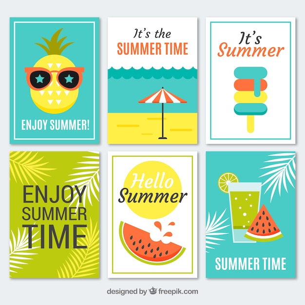 Free vector set of summer cards with beach elements