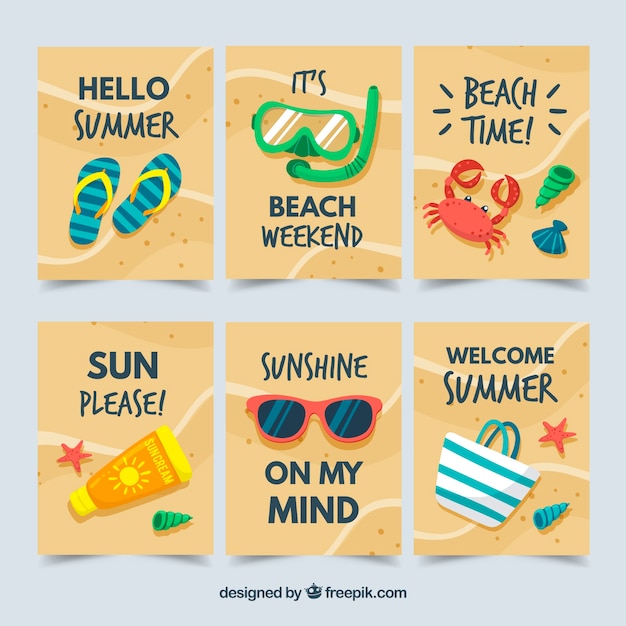 Free vector set of summer cards with beach elements