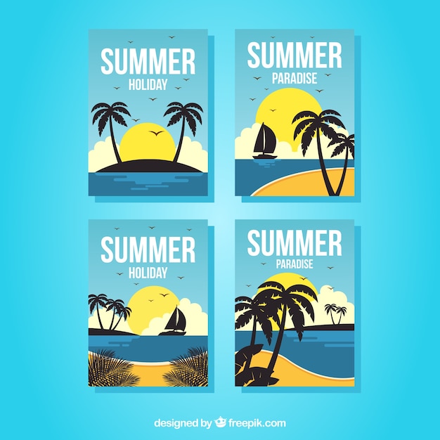 Free vector set of summer cards with beach view