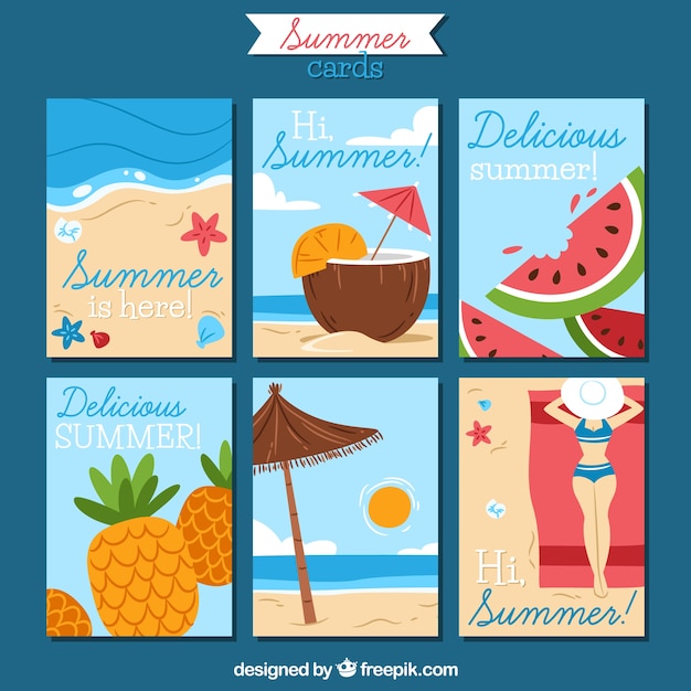 Free vector set of summer cards with beach views