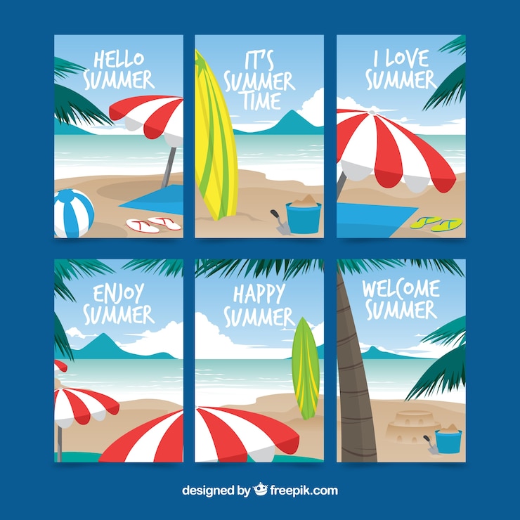 Free Vector set of summer cards with beach views