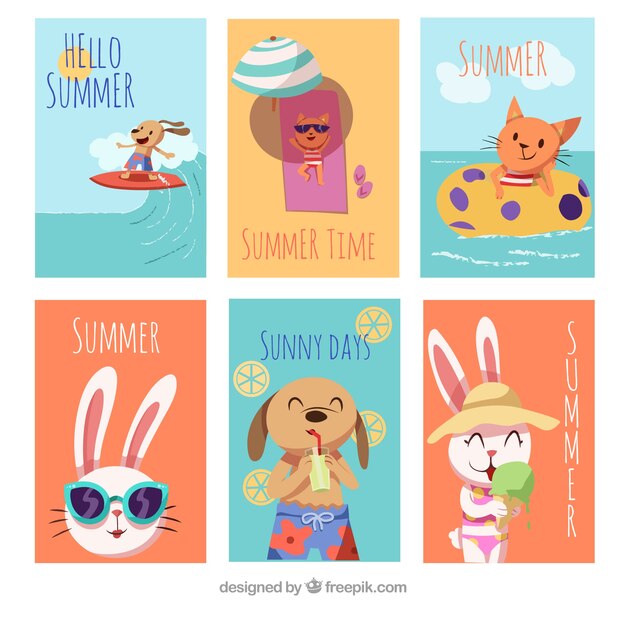 귀여운 동물들과 함께 여름 카드 세트