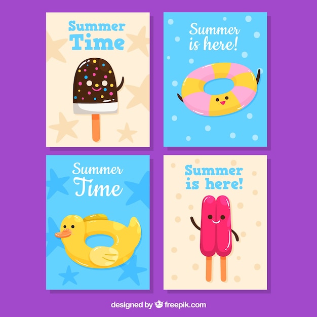 Free vector set of summer cards with cute cartoons