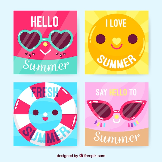 Free vector set of summer cards with cute cartoons