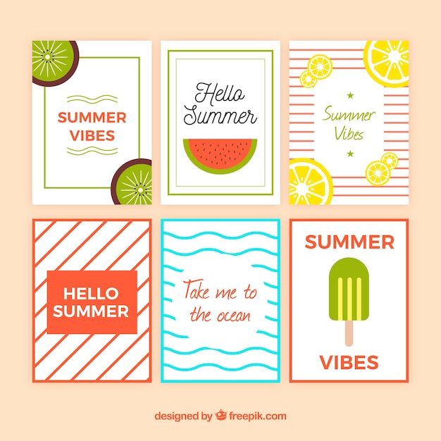 Free vector set of summer cards with fruits and lines pattern