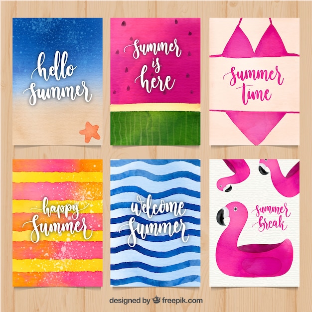 Free vector set of summer cards with watercolor texture