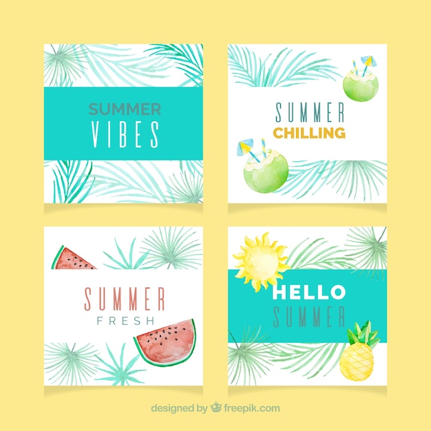 Set of summer cards with watercolor texture