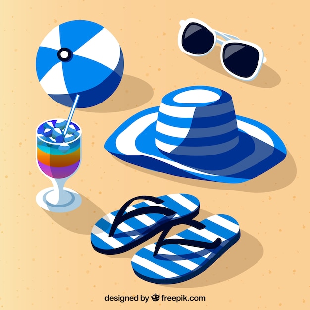 Set of summer clothes and elements in flat style