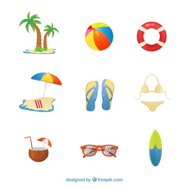 Set of summer clothes and elements in flat style