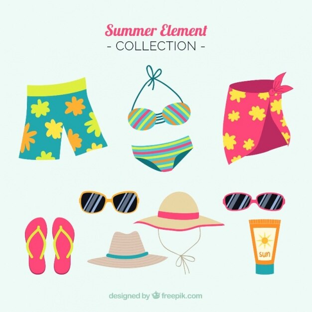 夏の服とフラットスタイルの要素のセット