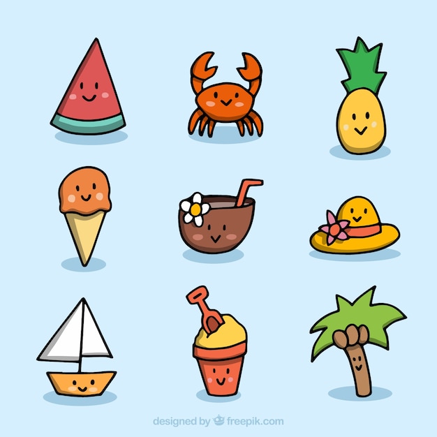 Free vector set of summer elements in cartoon style