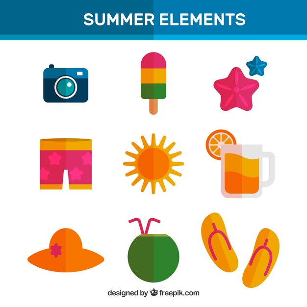 Free vector set of summer elements in flat design