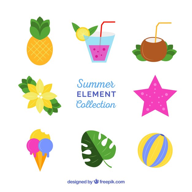 Set of summer elements in flat style