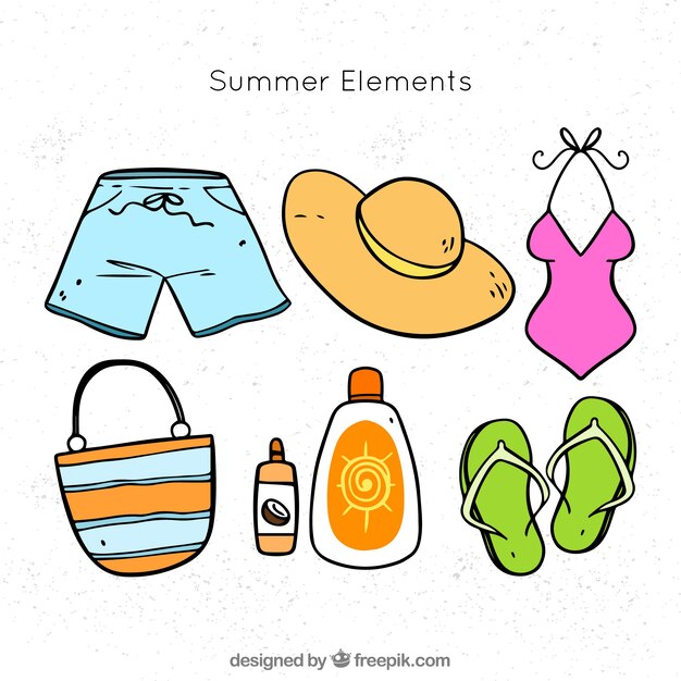 Set of summer elements in hand drawn style