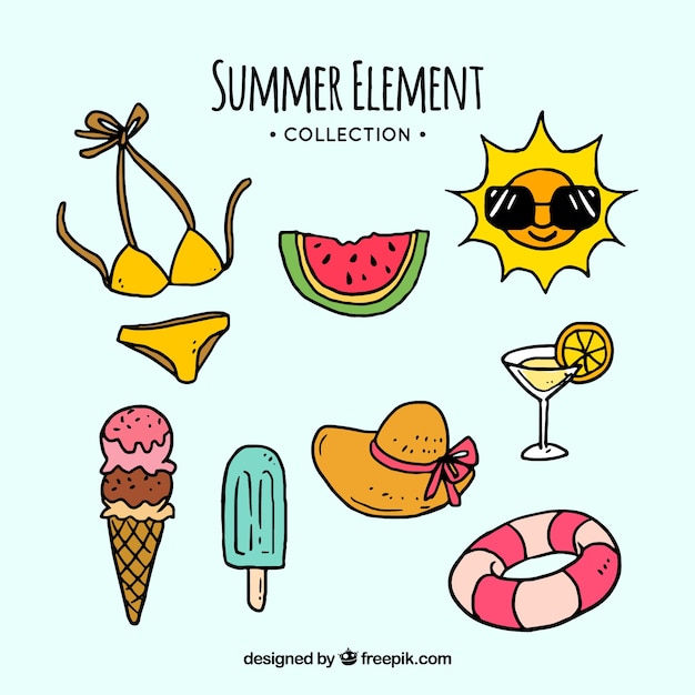 Free vector set of summer elements in hand drawn style