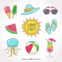 Free vector set of summer elements in hand drawn style