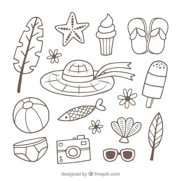 Free vector set of summer elements in hand drawn style