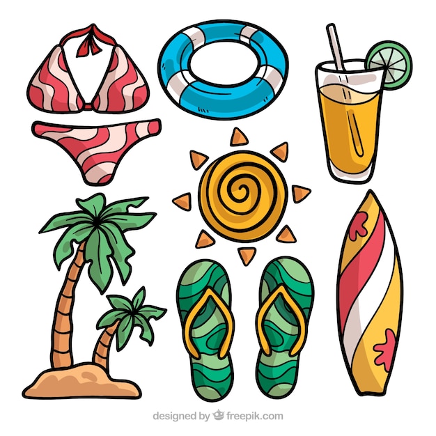 Free vector set of summer elements in hand drawn style