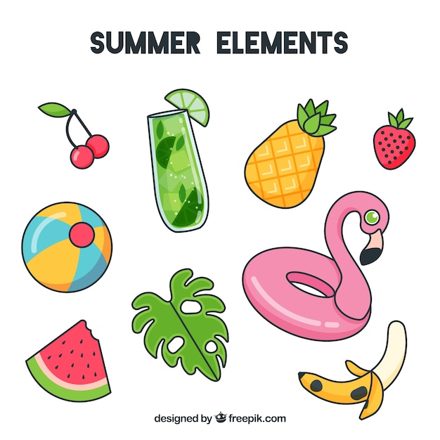 Set of summer elements in hand drawn style