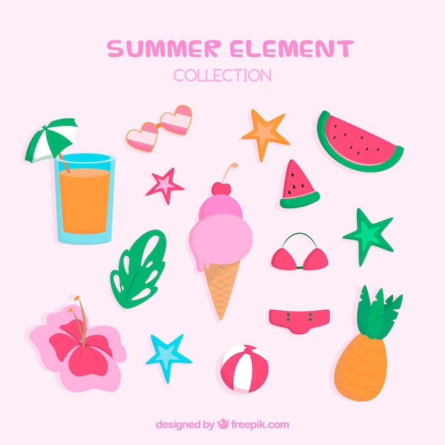 Set of summer elements in hand drawn style