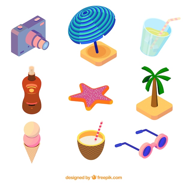 Free vector set of summer elements in isometric style