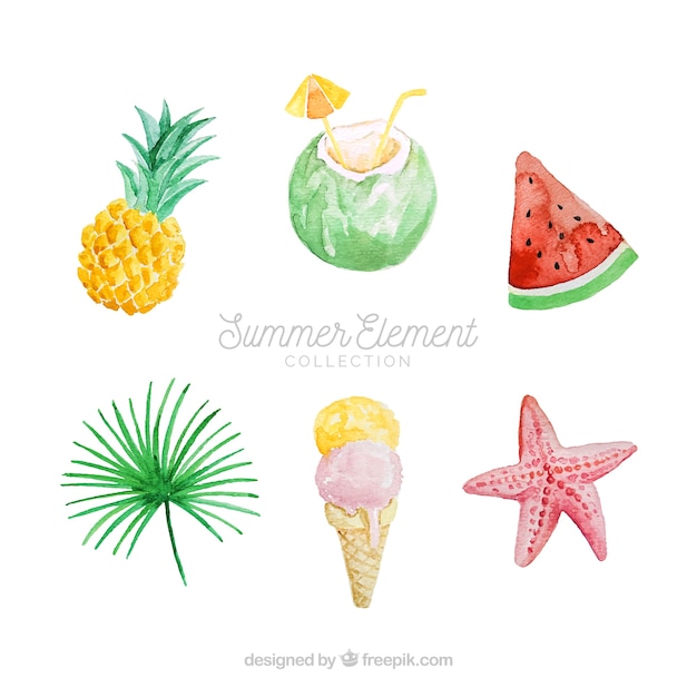 Set of summer elements in watercolor style