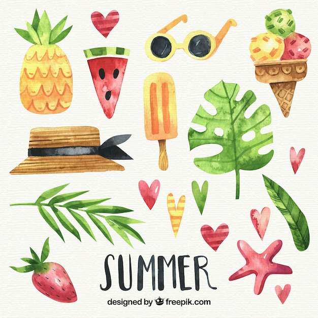 Set of summer elements in watercolor style