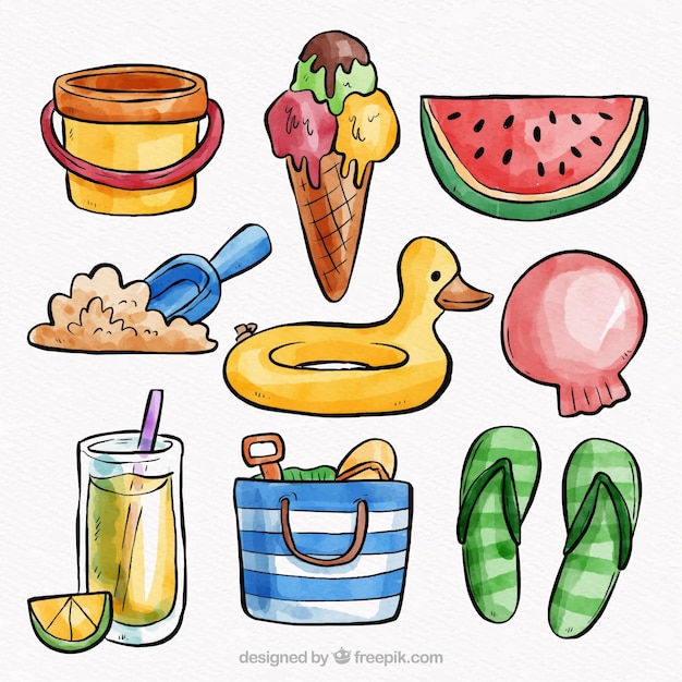 Free vector set of summer elements in watercolor style