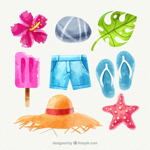 Free vector set of summer elements in watercolor style
