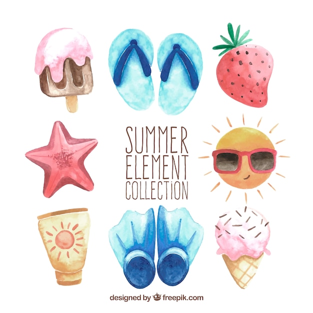 Free vector set of summer elements in watercolor style