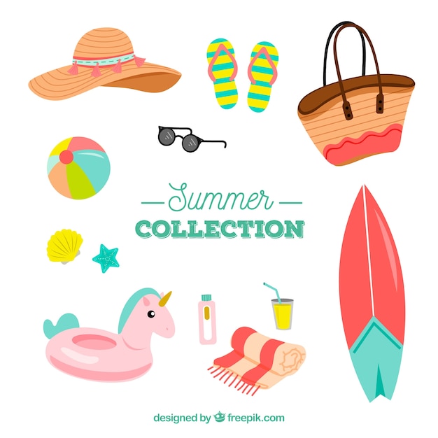 Free vector set of summer elements with clothes in hand drawn style