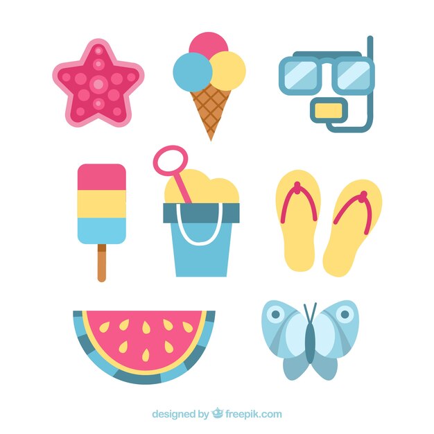 Set of summer elements with food and clothes in flat style