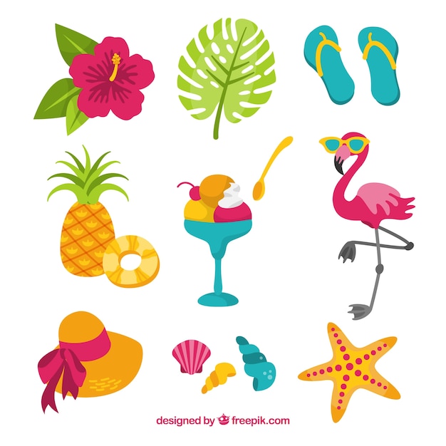 Free vector set of summer elements with food and clothes in flat style