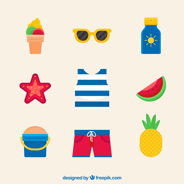 Set of summer elements with food and clothes in flat style