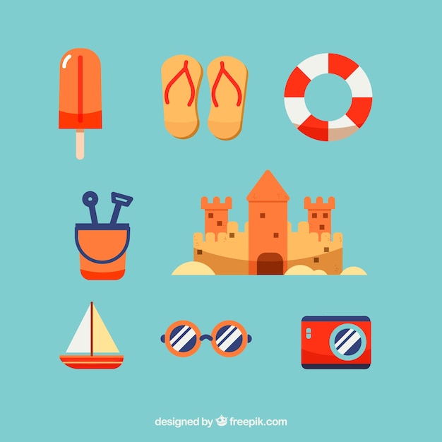 Free vector set of summer elements with food and clothes in flat style