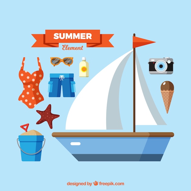 Free vector set of summer elements with food and clothes in flat style