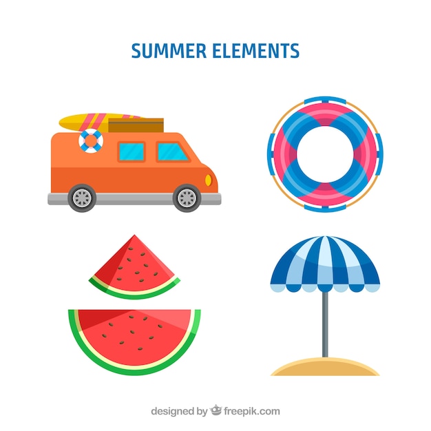 Free vector set of summer elements with food and clothes in flat style