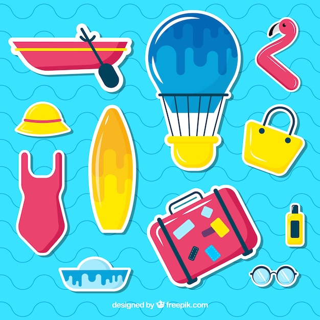 Free vector set of summer elements with food and clothes in flat style