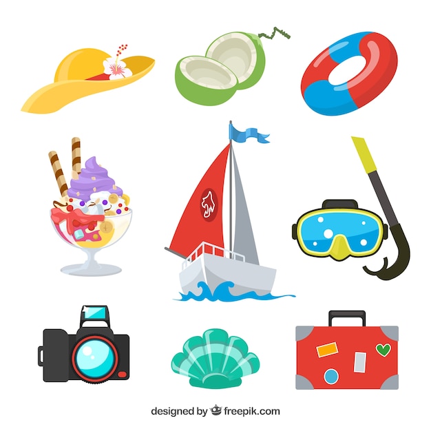 Free vector set of summer elements with food and clothes in hand drawn style