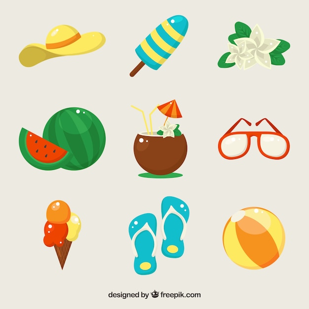 Set of summer elements with food and clothes in hand drawn style