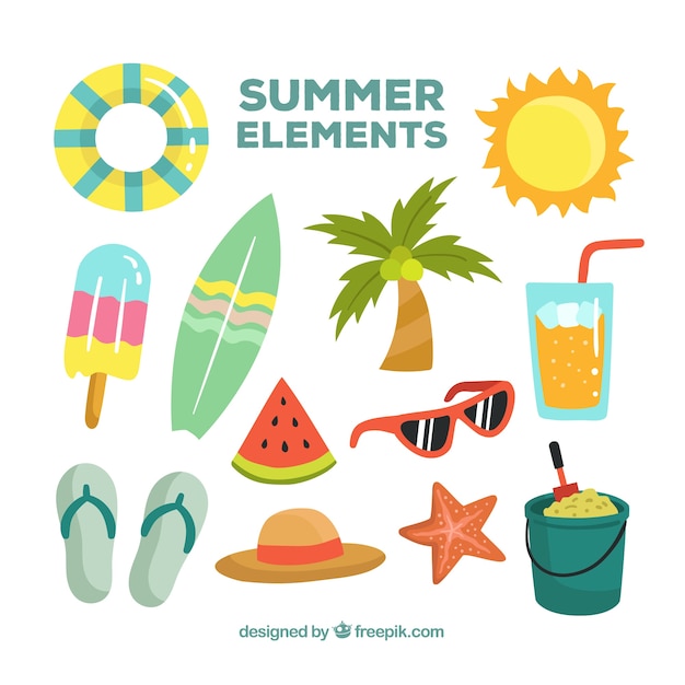 Set of summer elements with food and clothes in hand drawn style