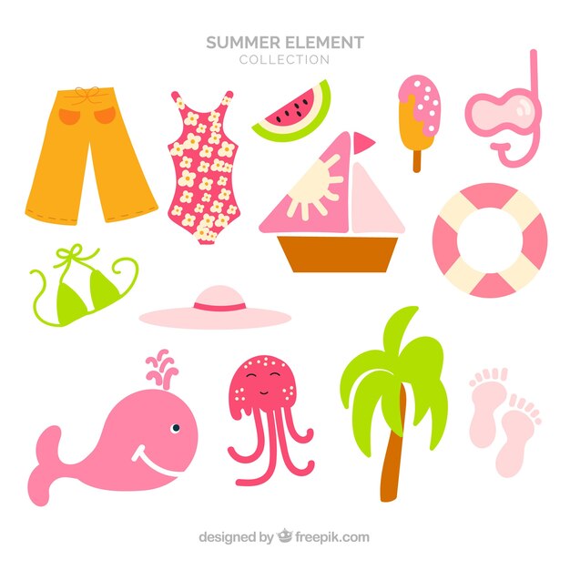 Set of summer elements with food and clothes in hand drawn style