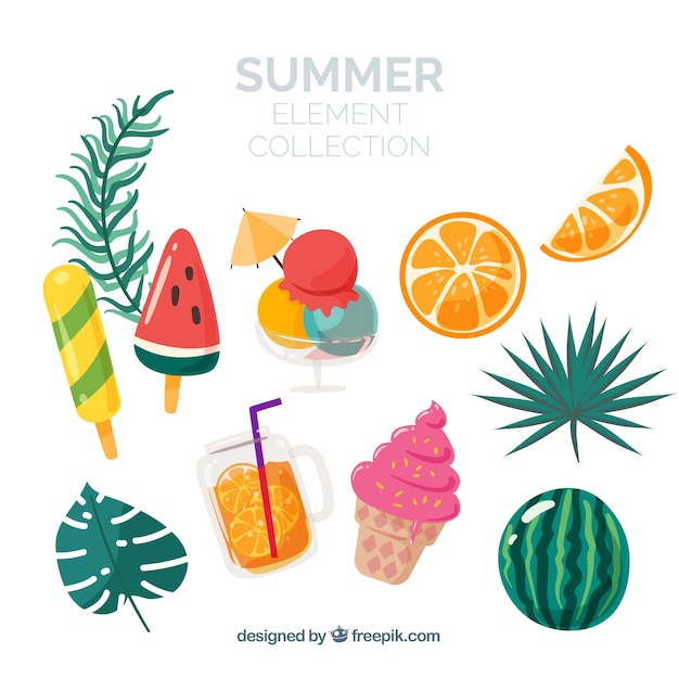 Set of summer elements with food in hand drawn style