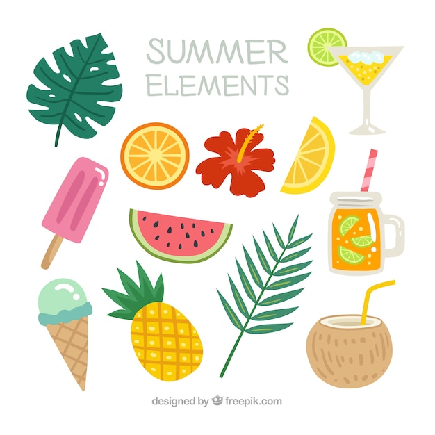 Free vector set of summer elements with food and plants in hand drawn style