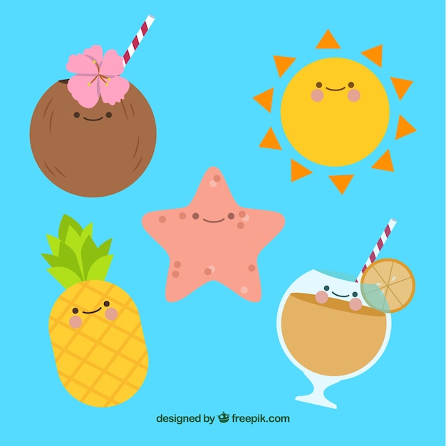 Set of summer elements with fruits and food in flat style