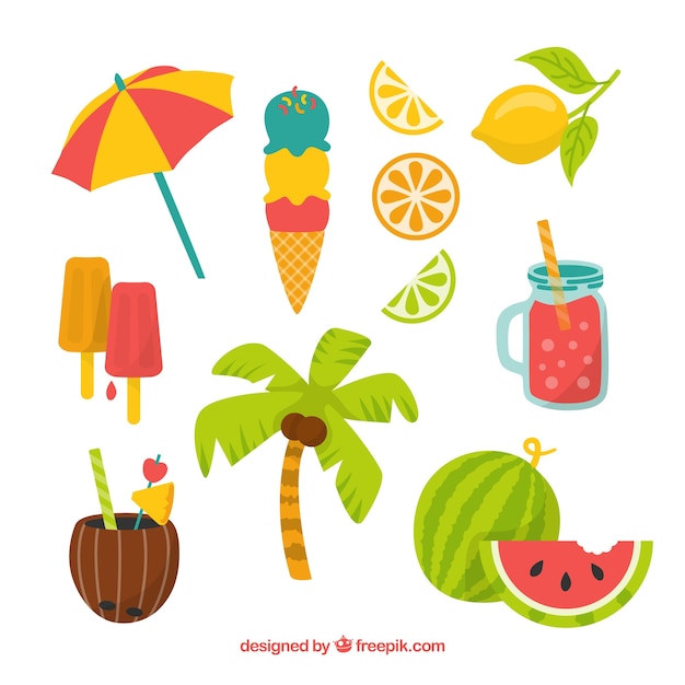 Set of summer elements with fruits and food in flat style