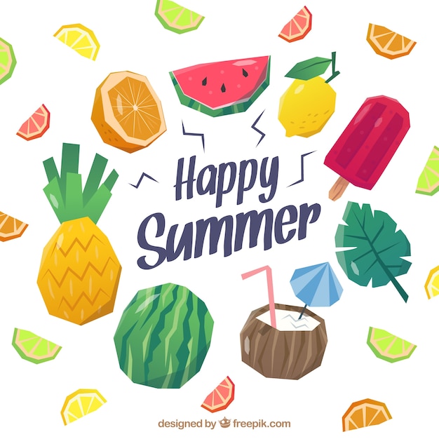 Free vector set of summer elements with fruits and food in flat style