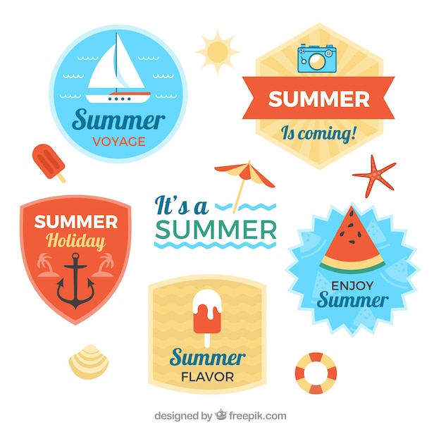 set of summer labels with beach elements in flat style