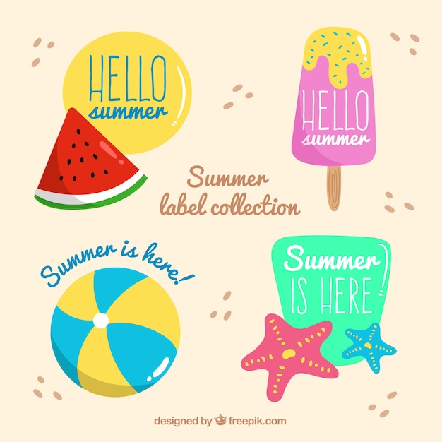 Set of summer labels with beach elements in hand drawn style